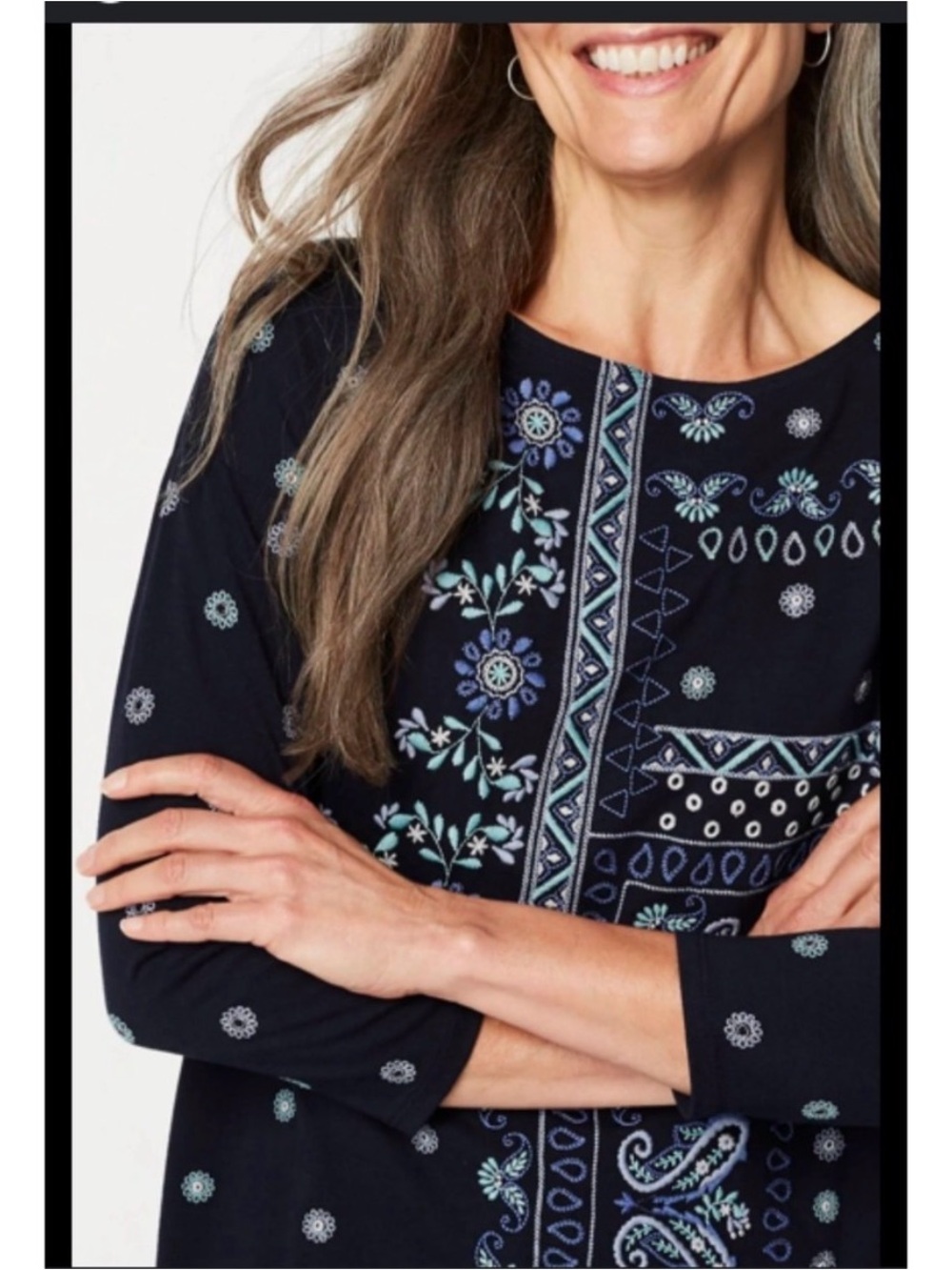 J. Jill Large Navy Blue Floral Embroidered‎ Blouse Boho Pullover 3/4 Sleeve